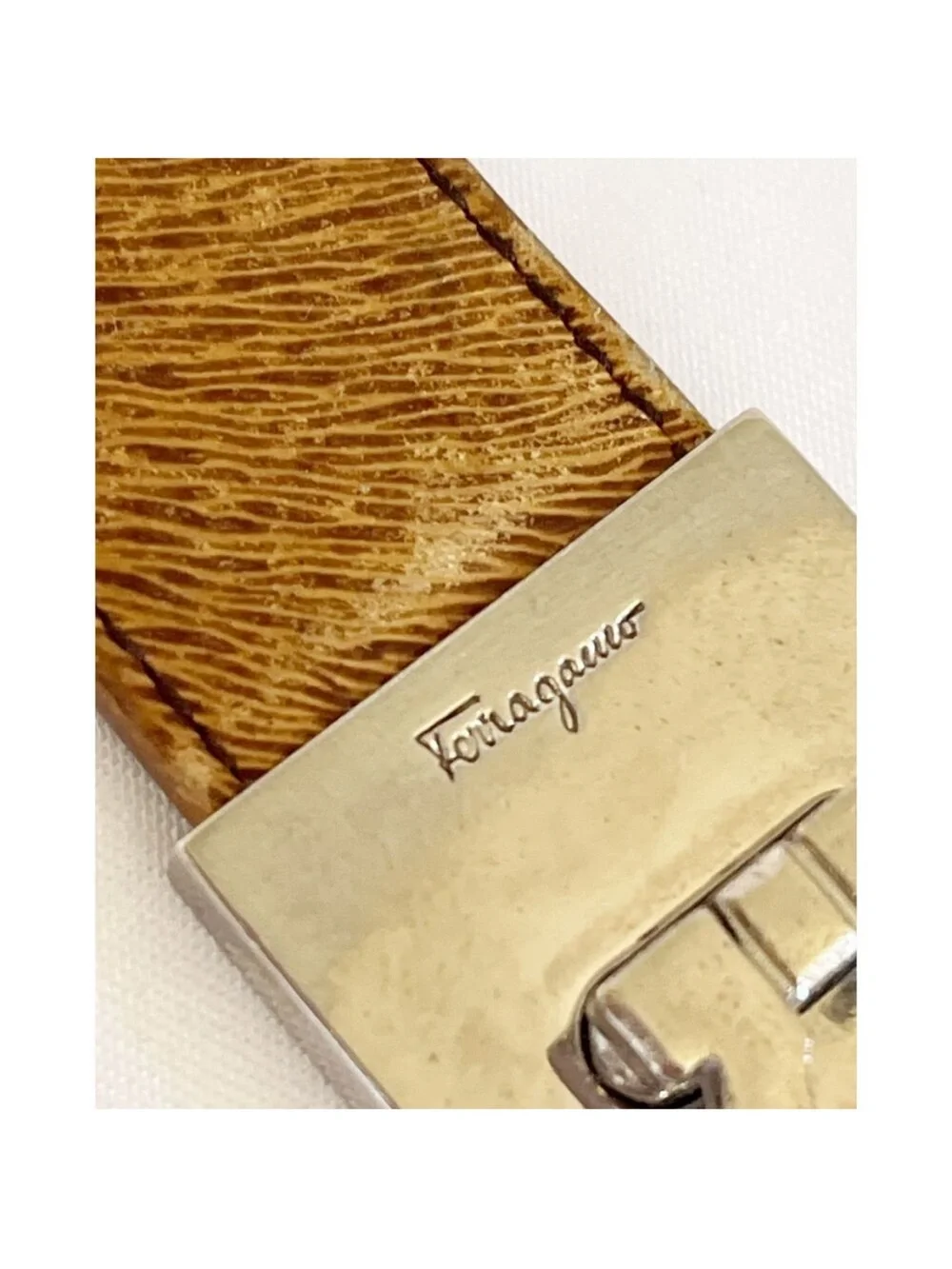 Salvatore Ferragamo Tan Leather Keyring with Silver-Tone Hardware